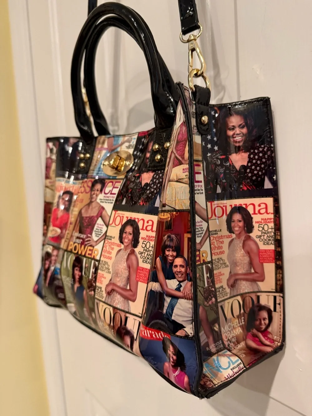 Michelle Obama Magazine Cover Collage Vegan PU Leather Crossbody & Satchel Bag